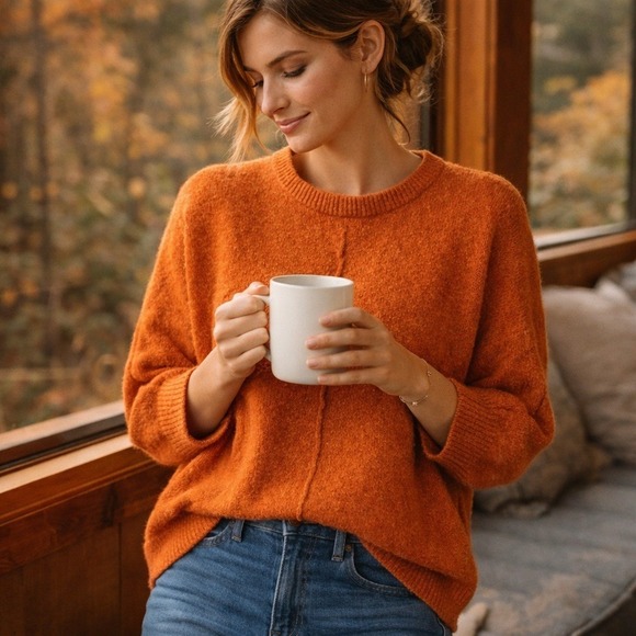 Lou & Grey Sweaters - Lou & Grey for LOFT Burnt Orange Boucle Knit Oversized Short Sleeve Sweater M/L
